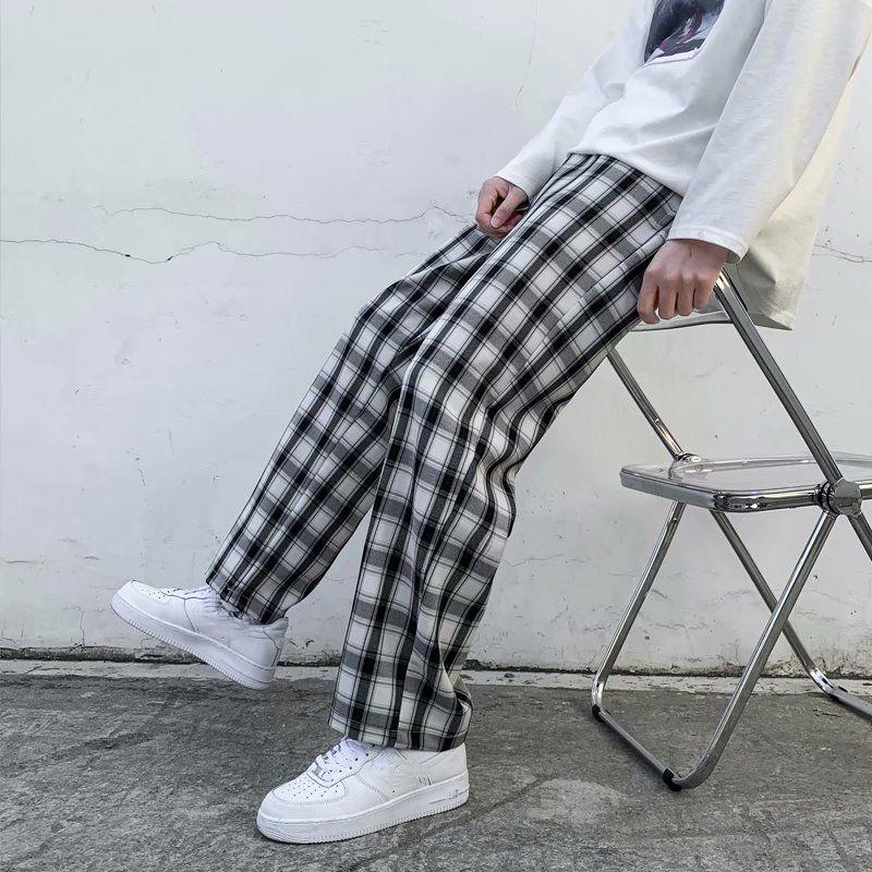Клетчатые мужские брюки, весна-лето, модные повседневные винтажные брюки, свободные прямые домашние брюки, красивая уличная одежда, брюки большого размера