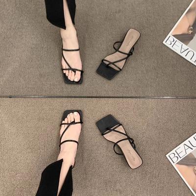 Тапочки с открытым носком, женский нишевый дизайн, толстый каблук, средний высокий каблук, туфли на одном ремешке