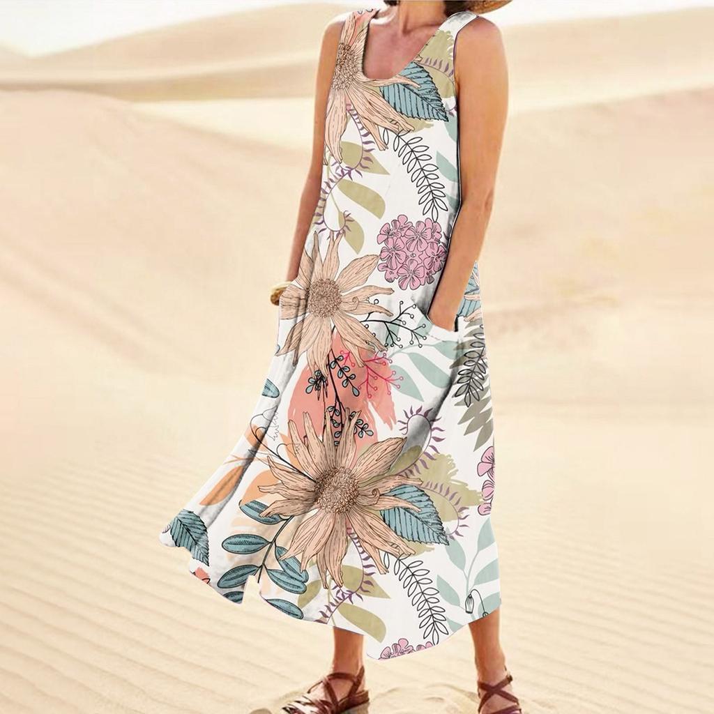 Summer Dress For Women Casual Printed Comfortable Sleeveless Cotton Dress With Pocket