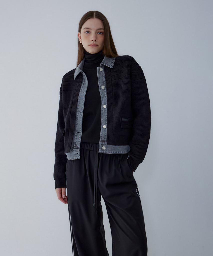 Voice Of Voices Denim Patch Collar Knit Cardigan_Black 7156150800