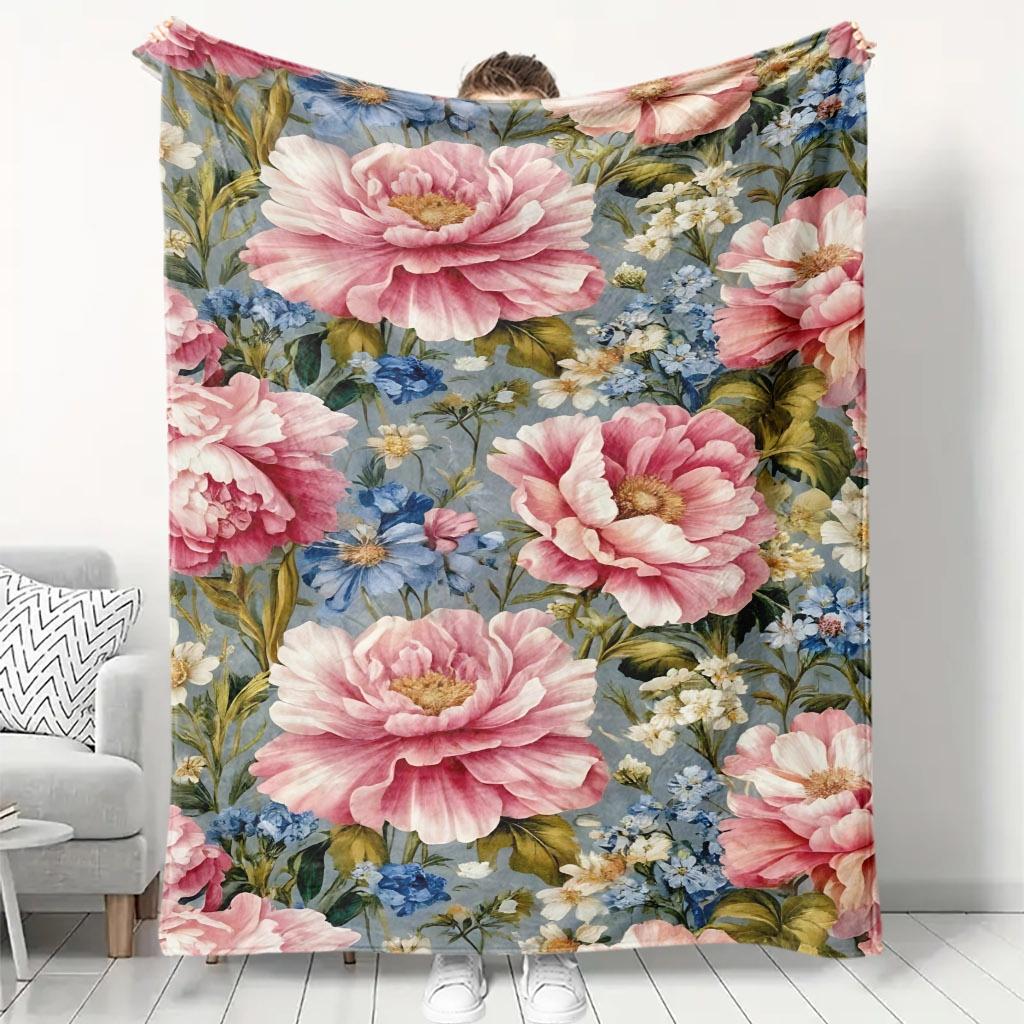 1pc 1pcs Quilted Flannel Blanket Suitable for All Seasons, Cooling Bedspread with Soft Floral Wallpaper Print, Skin-Friendly Bed Covering, Machine Was