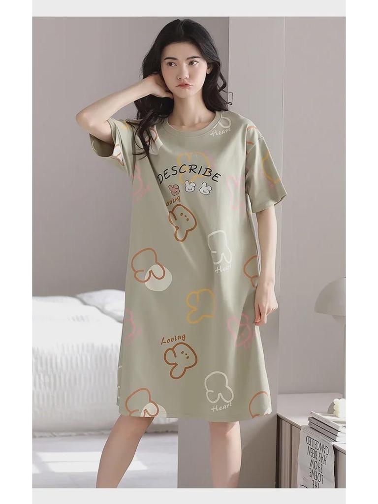 2024 Women's Cute Cartoon Summer Short-Sleeve Nightdress, Thin Large Size, Indoor/Outdoor Wear