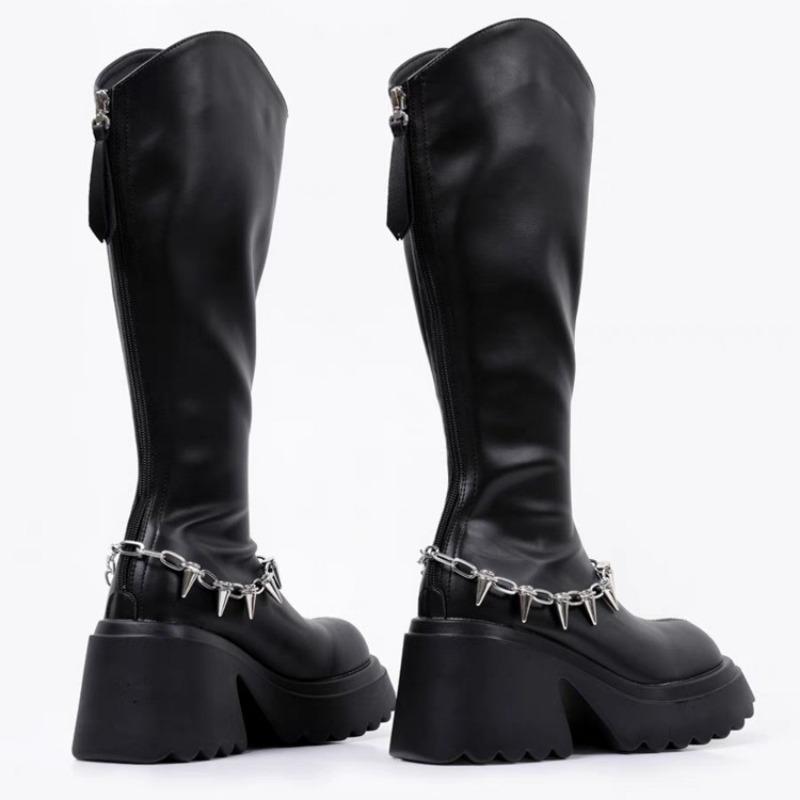 Chain High Heels Women Knee High Boots Fad Platform Leather Shoes Brand Designer Chunky Shoes Winter 2025 Trend Goth Botas Mujer