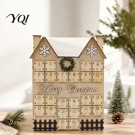 Vintage Style Christmas Decor Wooden House Advent Calendar, with 24 Drawers, Countdown to Gift Box Box, Refillable Xmas Desktop Decoration Decorative