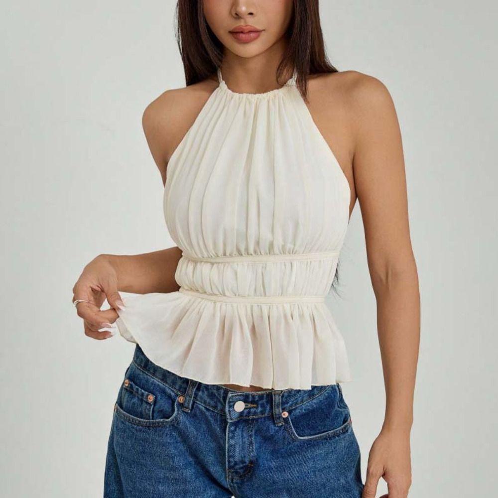 Pleated Chiffon Vest Tops Sleeveless Women's Crop Top Fashion Lace-up Camisole  Club
