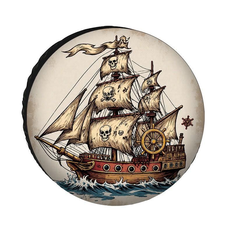 Pirate Ship Tire Cover Vintage Skull Flag Spare Wheel Cover Weatherproof Polyester Protector