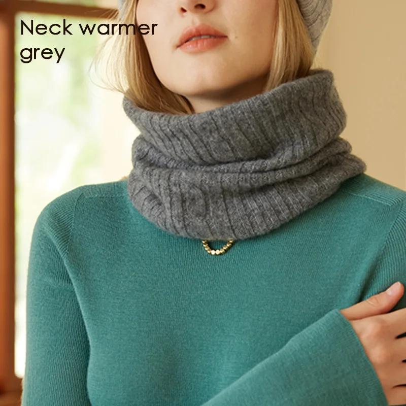 Women 100% Cashmere Tube Scarf Cable Knit Neck Warmer Ring Double Faced Thick Cap Reversible Knitted Beanies Winter 2-Pcs Set
