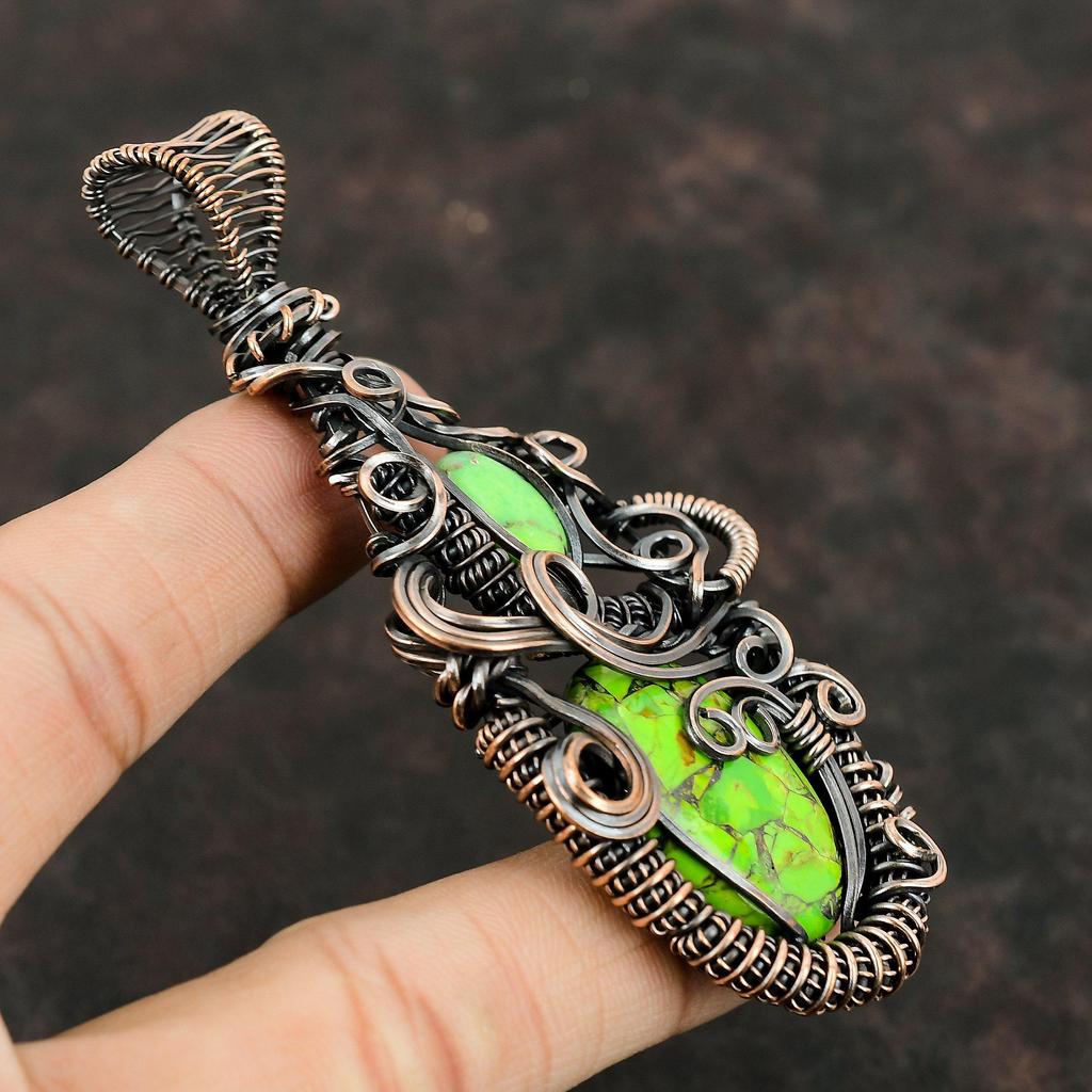 Медно-зеленый бирюзовый драгоценный камень, медная проволочная обертка, ювелирные изделия ручной работы, дизайнерская подвеска, подарок для нее, зеленая бирюзовая ювелирная продукция