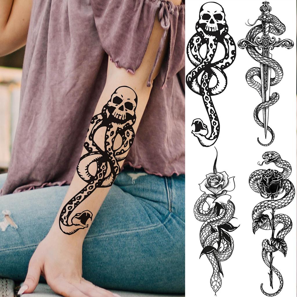 1 Sheet Snake Temporary Tattoos For Women Men Arm Leg Forearm Body Adults Rose Fake Flower Tattoo Sticker Waterproof Covers Up