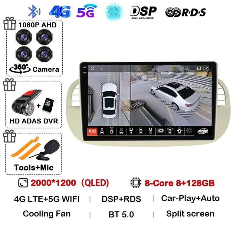 Android 14 Carplay& Auto Car Radio Stereo For Fiat 500 GPS Navigation Steering Wheel Control Multimedia BT WIFI+4G Head Unit DSP