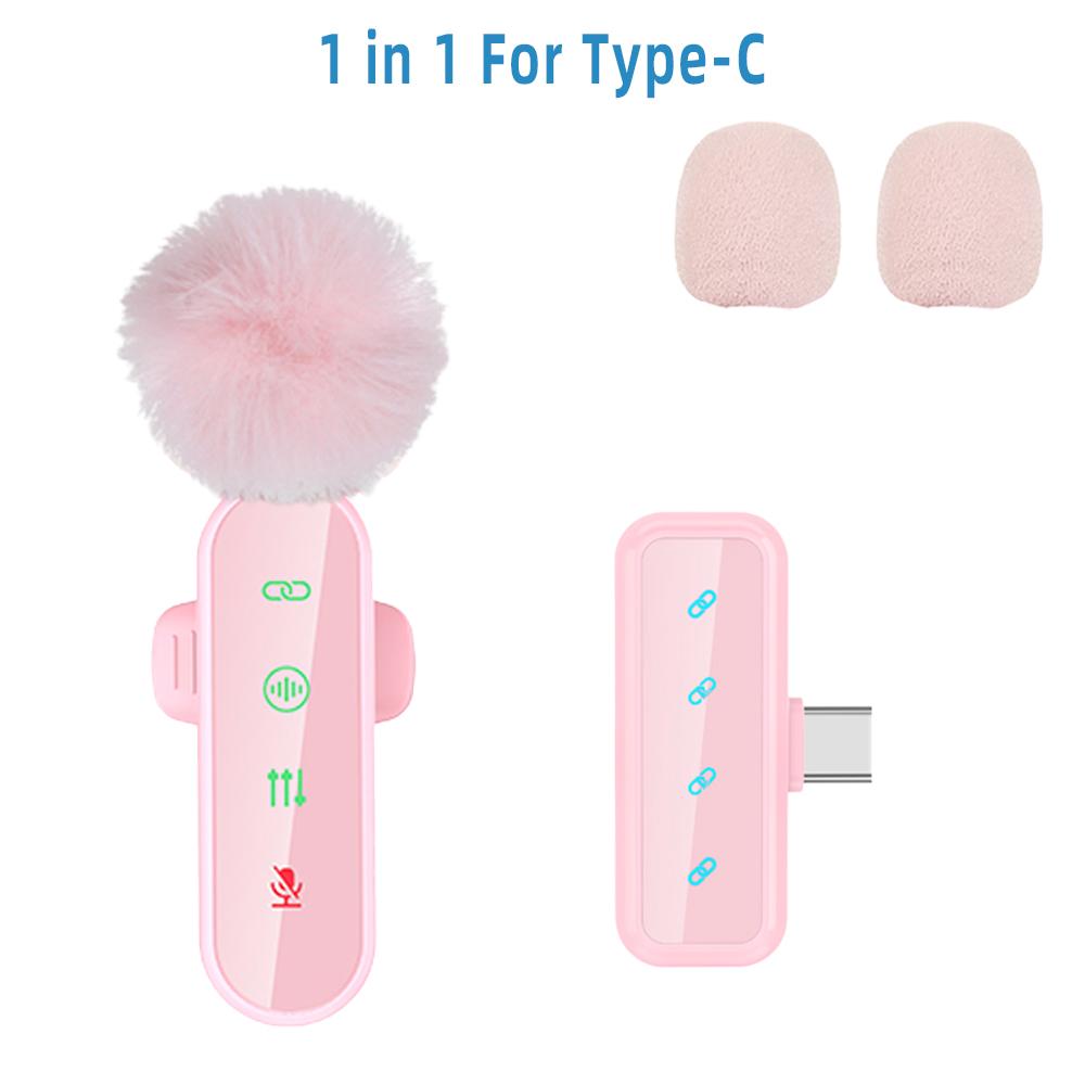 Pink 1 in 4 Lavalier Microphone Noise Cancelling Wireless With Wind Muff Lapel Mic For iPhone Android Camera 4 Pack LED Display 6
