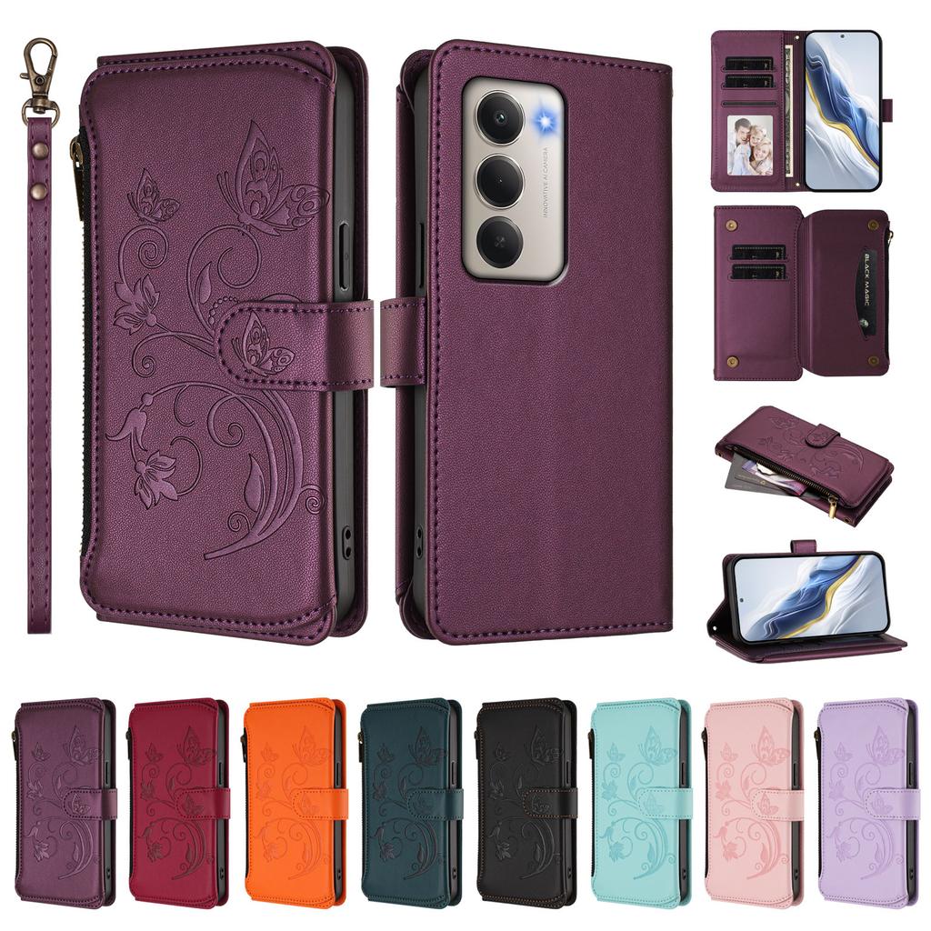 Для Xiaomi Redmi 15 4G (США) (171 мм) Кожаный чехол с цветочным тиснением в виде бабочки, кошелек на молнии, подставка, крышка с ремешком на запястье