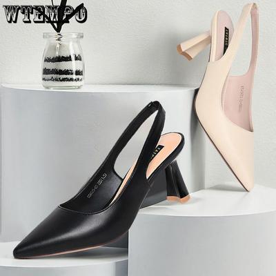 Мягкие кожаные женские сандалии для лета, однотонные, с острым носком, на высоком и толстом каблуке, с эластичной лентой, на мягкой подошве, дышащие высокие каблуки, не утомляющие