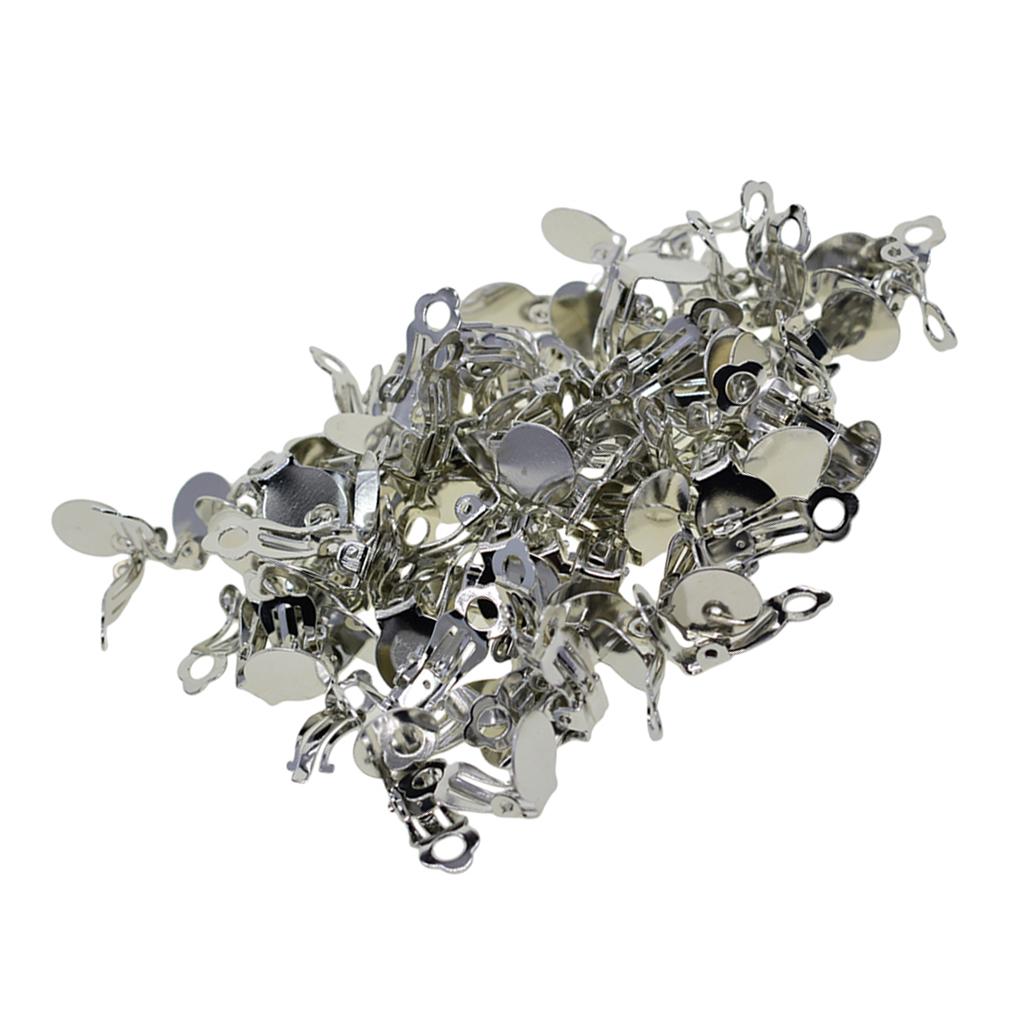 100pcs Flat Round Tray Clipon Earring Hook Components Silver Color
