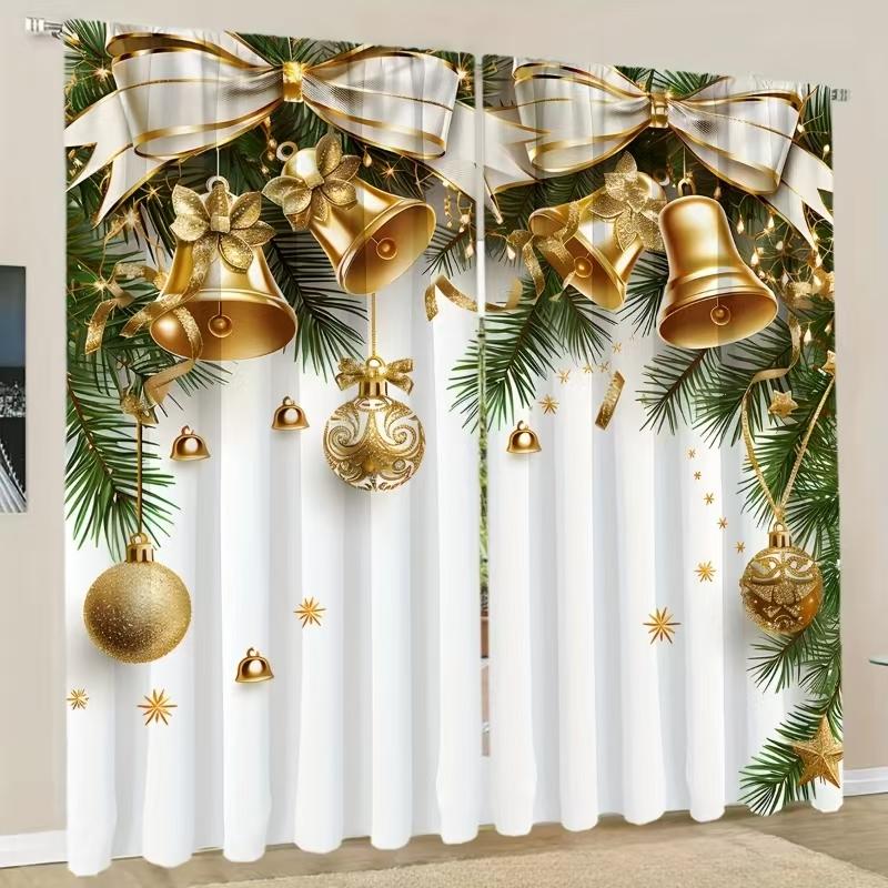 2PCS Merry Christmas Red New Year Gold Ball White Snowflake Light Filtering Curtains for Living Room Bedroom Window Drape Decor