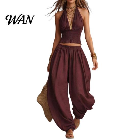 V-neck Women Top Women's Halter Sleeveless Summer 2 Piece Sets, Pleated Ruffle Backless Simple Clothing Set V Neck And Wide Leg Pants Matching Outfits