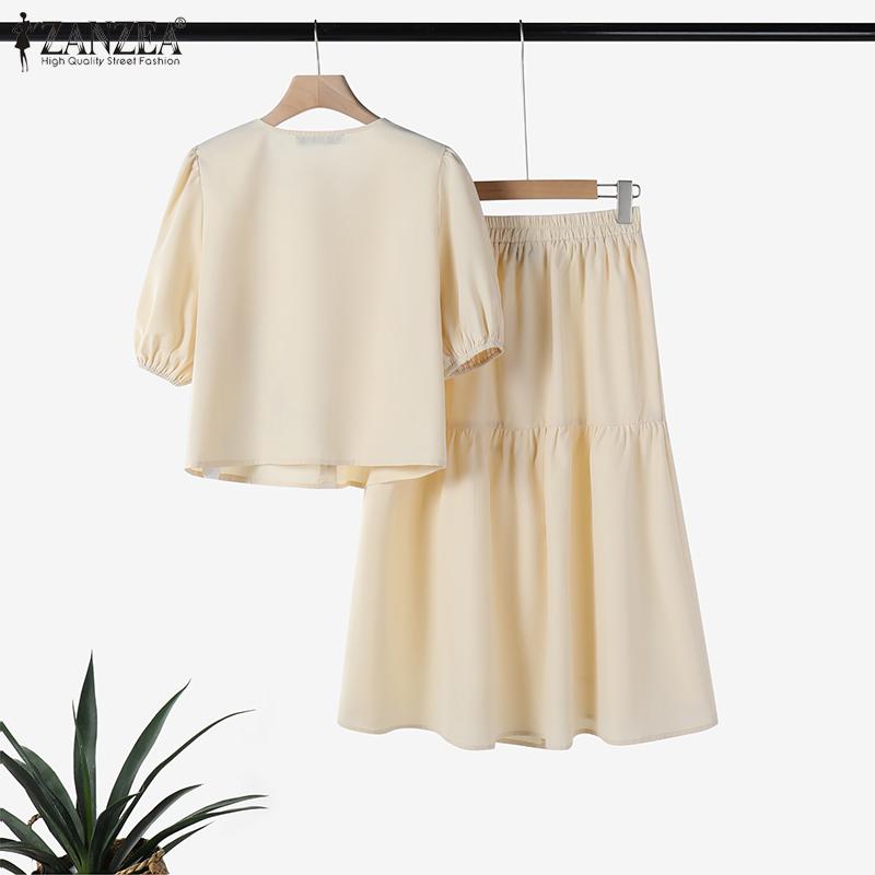 ZANZEA Женские летние комплекты с круглым вырезом, коротким рукавом и цветочным принтом, рубашка с карманом и юбкой-трапецией