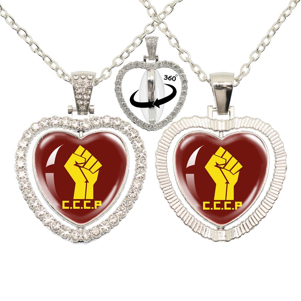 Vintage Ussr Soviet Badges Sickle Hammer Heart shaped Pendant Necklace Cccp Fashion 360 Degree Rotary Rhinestone Jewelry