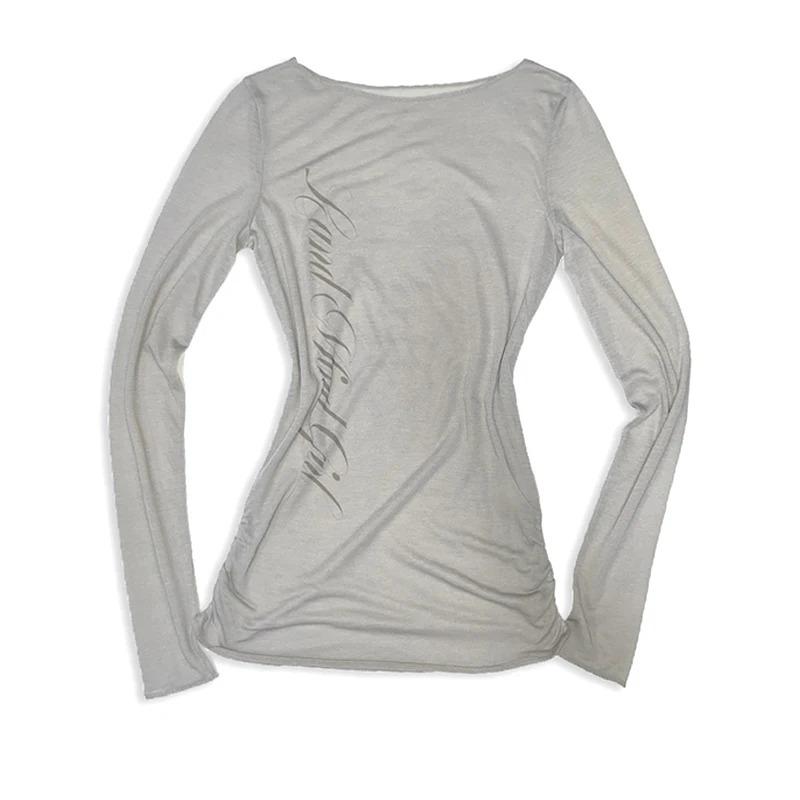 Готический Harajuku Винтажный панк Эмо Девушки Длинный рукав Футболка Сексуальный тонкий шикарный принт Укороченные топы Гранж Y2K Эстетика Женская уличная одежда