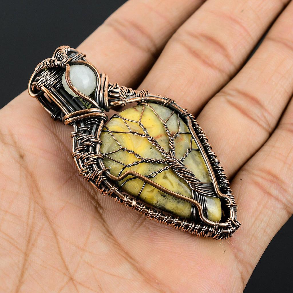 Crzay Lace Agate & Rainbow Moonstone 999 Copper Wire Wrapped Pendant Handmade Gemstone Jewelry, Gifts For Wife Brand New Pendant