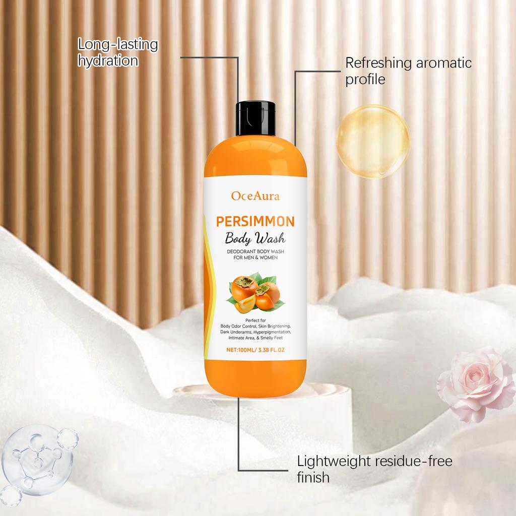 Oceaura Persimmon Body Wash Deodorant Shower Gel for Men Women Body Odor Control Skin Brightening Anti-Odour Hydrating Herbal Non-Stripping Formula