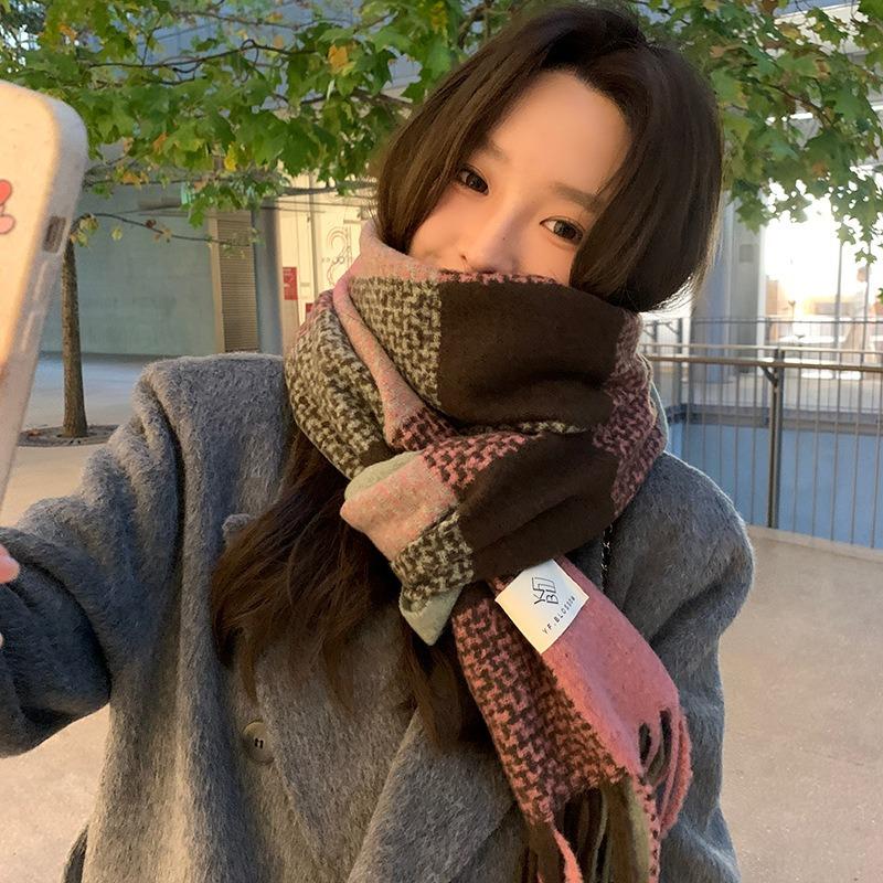 Scarf White Pink and Green Plaid Shawl Warm Scarf Scarf Women's Dual-purpose Thickened Versatile Color Matching Plaid