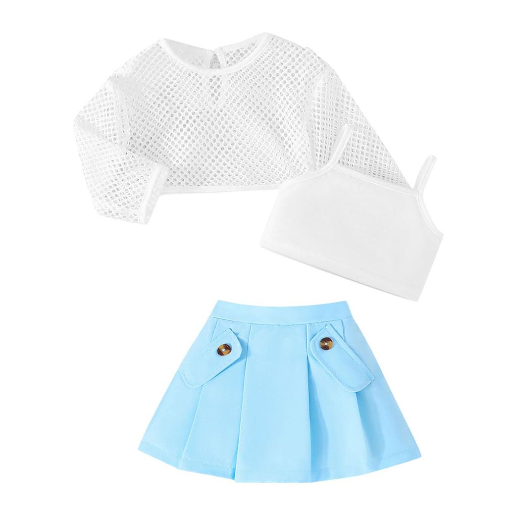 Летний комплект из трех предметов для девочек: сетчатый топ с длинными рукавами, короткая жилетка, плиссированная юбка на бретелях
