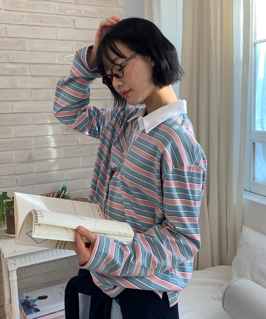 RONRON Double Shirring Stripe Collar Long Sleeve Pink
