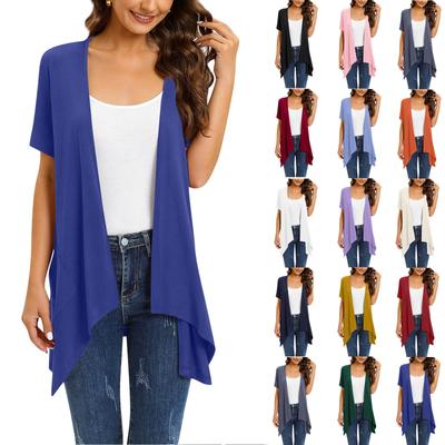 Женская мода сплошной цвет нерегулярный кардиган с короткими рукавами и карманами пальто