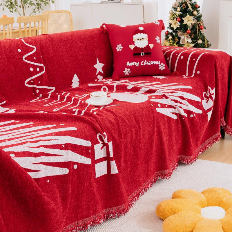 Рождественский красный чехол для дивана с кисточкой, диванное полотенце, можно стирать в машине, праздничная тема, чехол для дивана с красной решеткой для декора гостиной