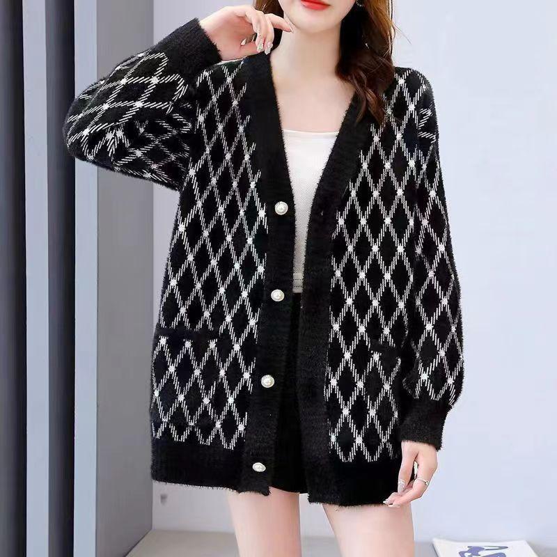 Свитер с бриллиантами, женский кардиган, зима 2023, средней длины, с v-образным вырезом, черный и белый, классический цветной вязаный кардиган, женский свитер