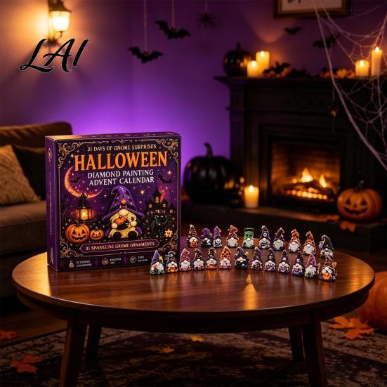 Halloween Advent Calendar 31 Days of Gnome Rhinestone Painting Calendar DIY Decoration Crafts Kit Handmade Art Ornaments with Bead Tools for Holiday