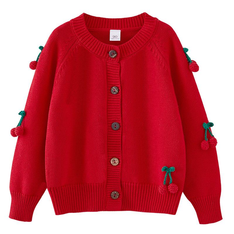 Весенне-осенний кардиган Cherry для девочек, вязаный хлопковый детский свитер с круглым вырезом