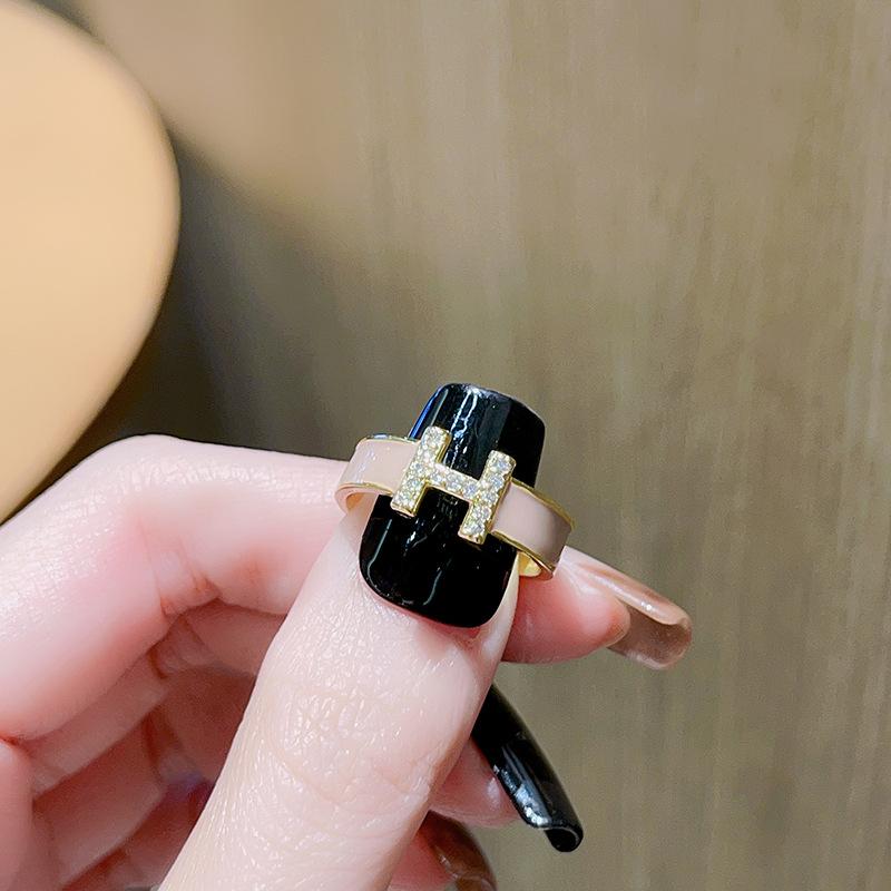 Enamel Dripping Oil Zircon Letter H Opening Ring Niche Design Light Luxury High Sense Fashion Personalized Jewelry