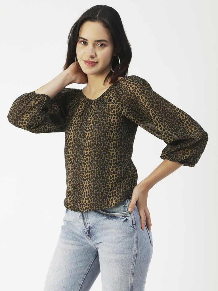 Moomaya Принтованный топ с круглым вырезом, прозрачный топ с длинным рукавом для женщин