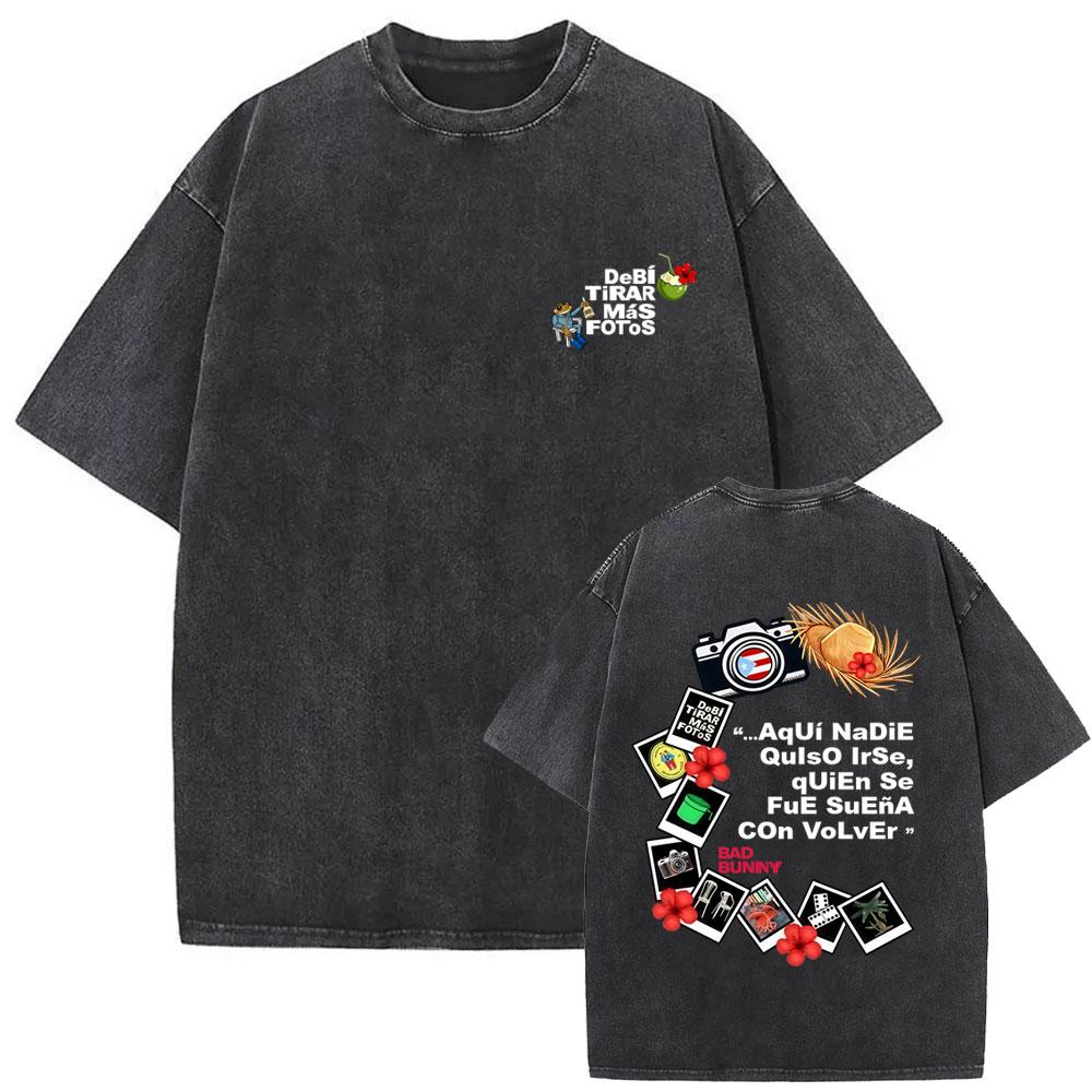 Vintage Acid Washed Rapper Bad Bunny Tshirt Debi Tirar Mas Fotos DTMF Tshirts Men Women Hip Hop Retro Short Sleeves T Shirts
