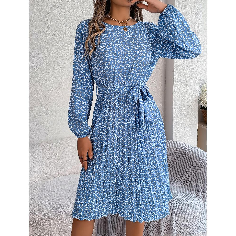 Новое Повседневное Платье с Длинным Рукавом, Цветочным Принтом, Расклешенное, Плиссированное, Модное Женское Платье с Цветочным Принтом