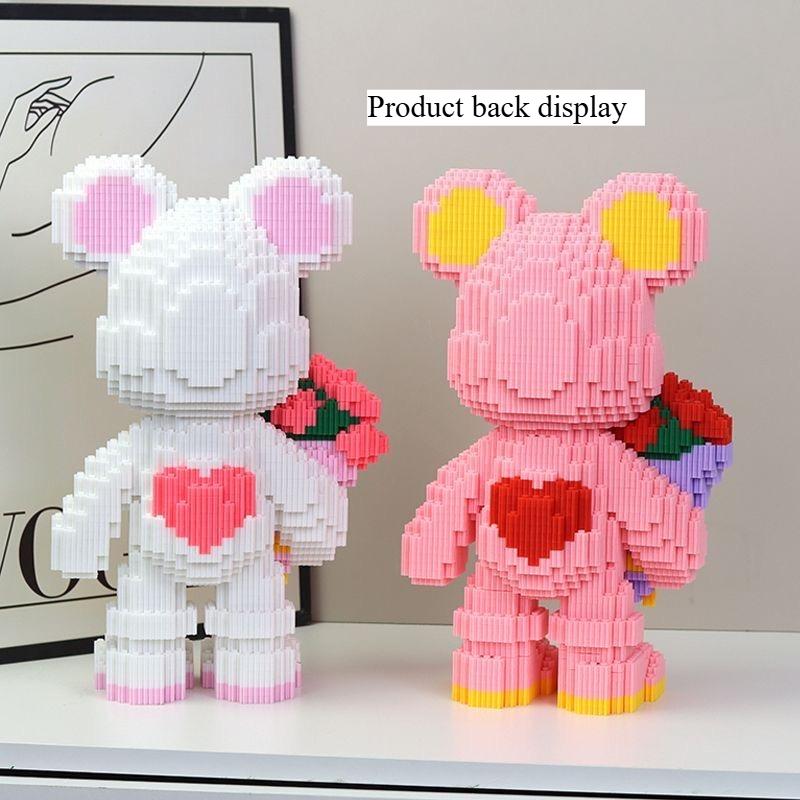 Медведь из кубиков с букетом Креативное украшение Розовые и белые медвежата Кубики Игрушка Подарок на день рождения ребенка Подарок на годовщину Романтический подарок