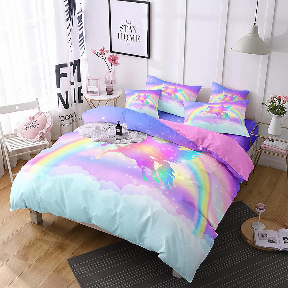 Home Textiles Rainbow Unicorn Bedding 3D Digital Printing Quilt Set Three-Piece Set