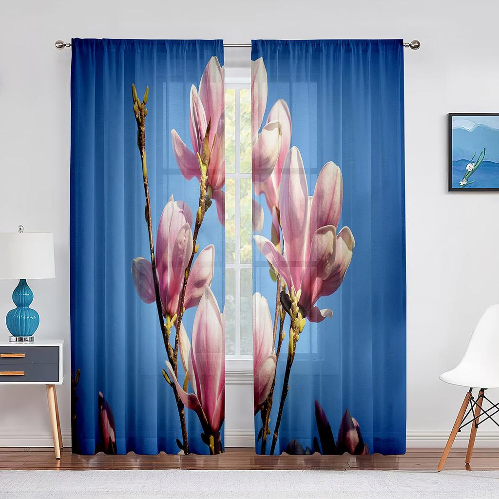 Pink Magnolia Spring Flowers Sheer Curtains for Living Room Bedroom Kitchen Hotel Decoration Chiffon Tulle Voile Window Curtain