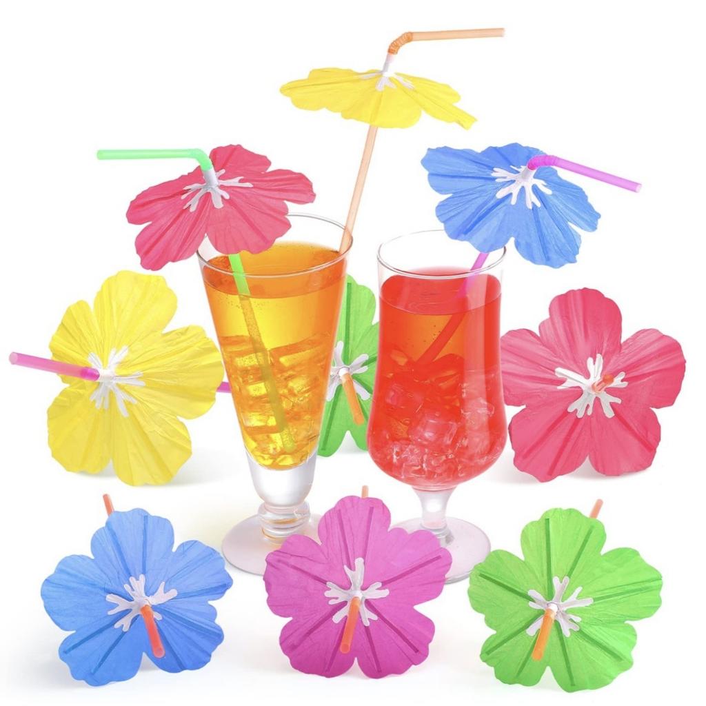 50 Pieces Umbrella Summer Beach Luau Tropical Straws for Drinks Hawaiian Cocktails Umbrella Straws Drinks Party Decorations Supply(Hibiscus)