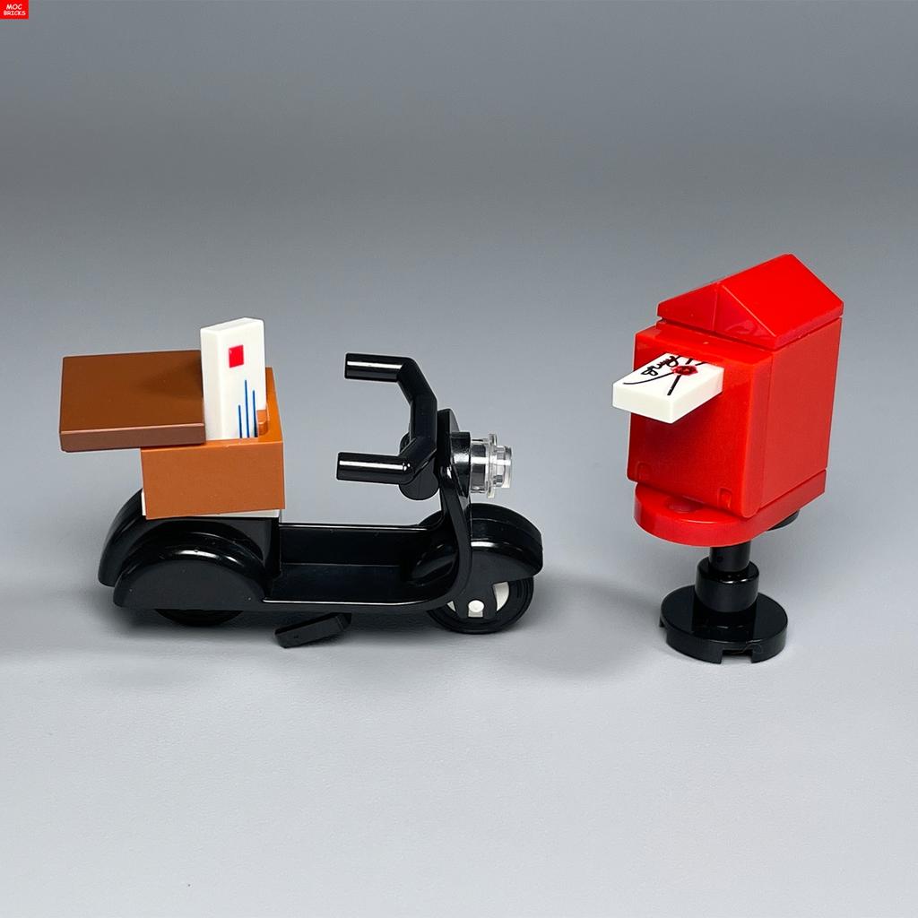 MOC Bricks Courier Delivers Presents Printed Gift Box Packages Newspaper Disc Mailbox Scooter Building Blocks Children's Toys