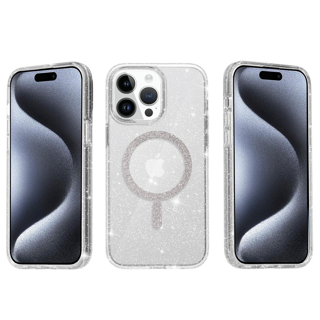 For iPhone 15 Pro Max Phone Case Compatible with MagSafe Glitter PC+TPU Hybrid Shockproof Cover