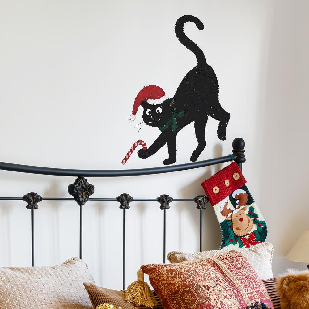 Персонализированные наклейки на стену для украшения дома и праздника с черными кошками в рождественских шляпах