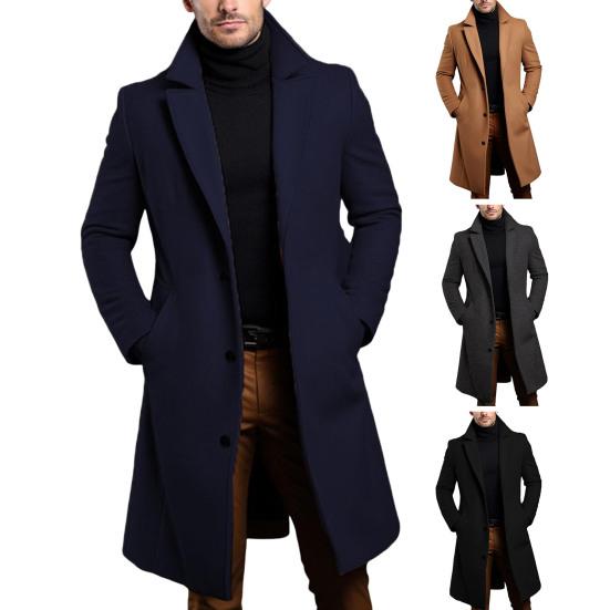 Men Solid Color Woolen Coat Autumn Winter Mid-Length Windbreaker with Pockets Lapel Long Sleeve Single Breasted Formal Outwear
