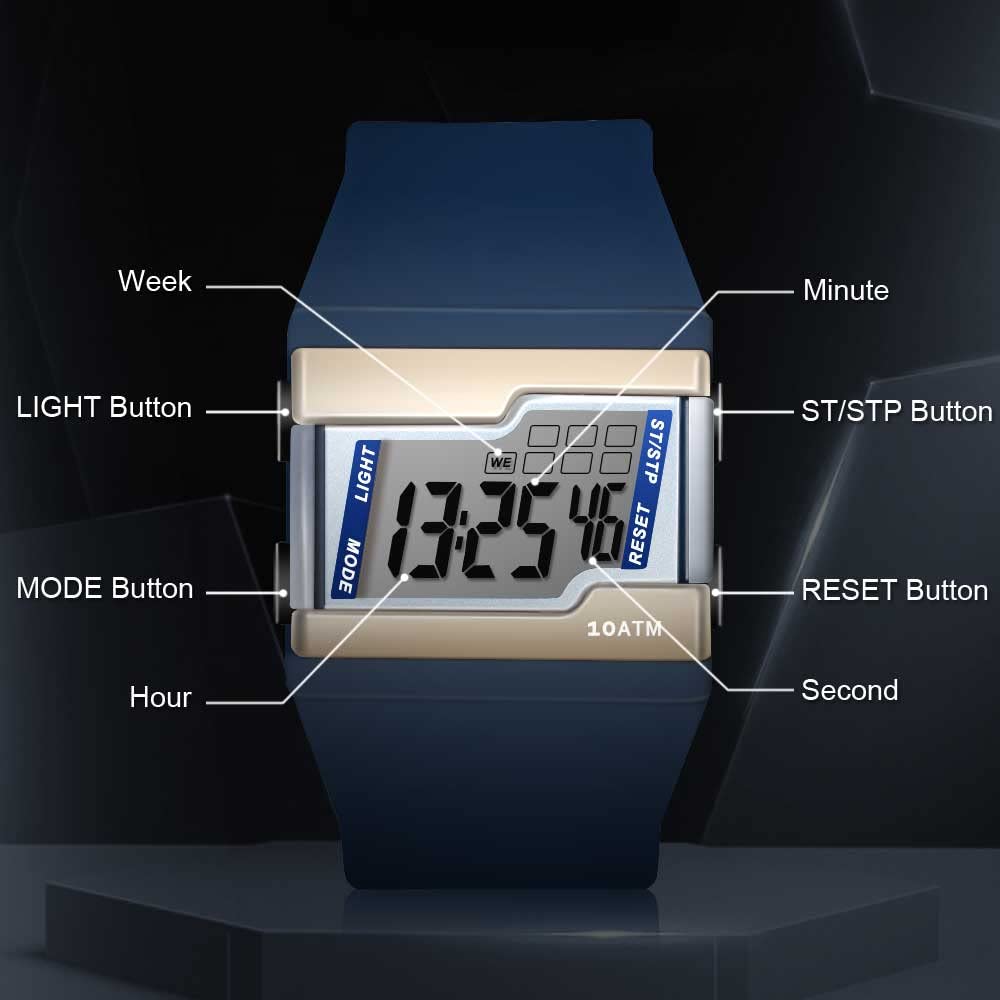 10ATM Water Resistant Digital Watch with Multiple Functions for Swimming Lap Alarm Calendar and Backlight Diving, Stopwatch, Clock,