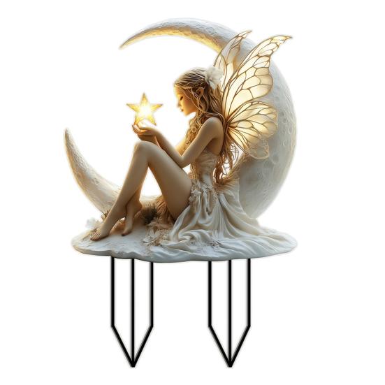 Акриловый садовый колышек с луной и феей, атмосферостойкое уличное украшение для двора, газона, патио, дорожки, убывающая луна, колышек с эльфом, палочка, орнамент