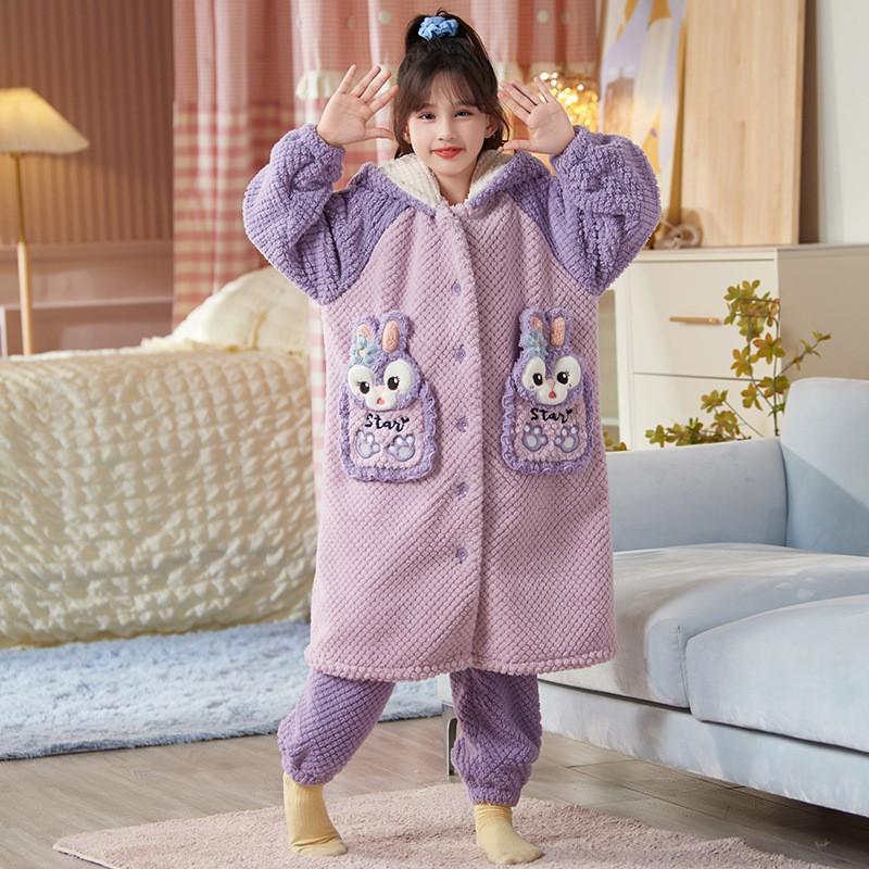 Girls Warm Coral Fleece Pajamas Set Long Sleeve Hooded Cartoon Print Kids Sleepwear Winter Home Outfit