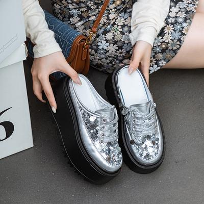 Женские летние шлепанцы Lazy bag head 2025, взрыв, уличная носка, без каблука, платформа, женская обувь, увеличивающая рост, высокая мода, пайетки