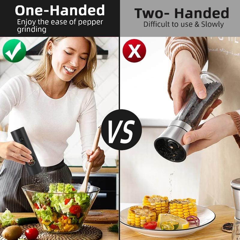 Электрическая мельница для перца и соли в комплекте — питание от батареек, подставка, светодиодная подсветка, регулировка степени помола